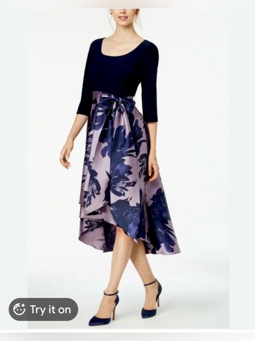R&M Richards 12 navy blue and purple orchid high-low dress
